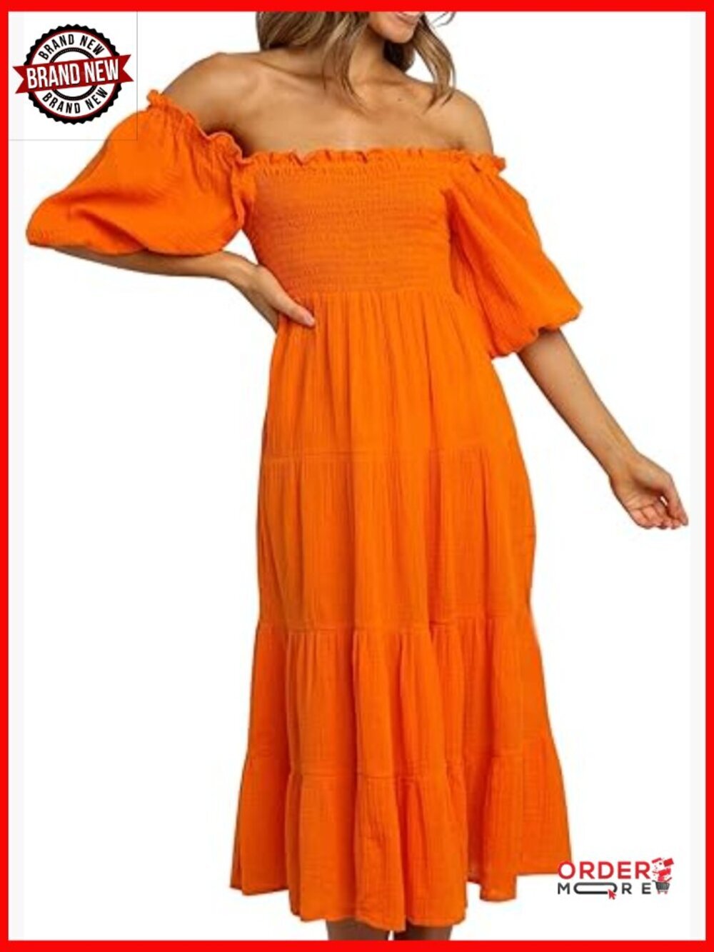 Off Shoulder Puff Sleeve Midi Dress Cotton A-Line Flowy Summer